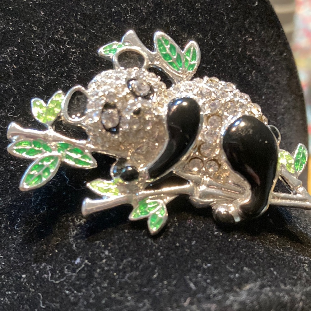Napier Crystal Panda Brooch Pin with Black and Green Accents